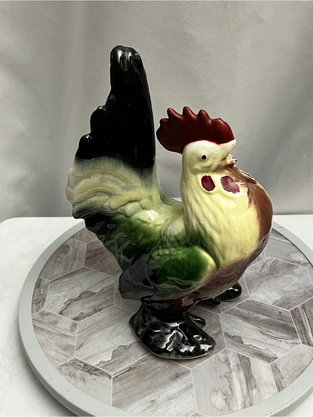 Vintage Ceramic Rooster Figurine Green Brown Black Farmhouse Kitchen Decor 9” - Picture 2 of 7